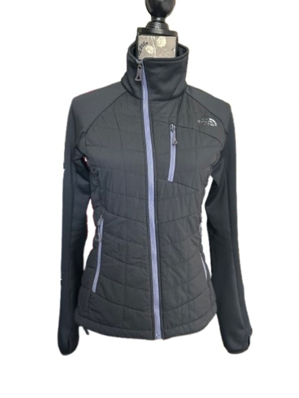 The North Face Women’ S Black Quilted Hybrid Sporty Jacket with Lavender Zippers